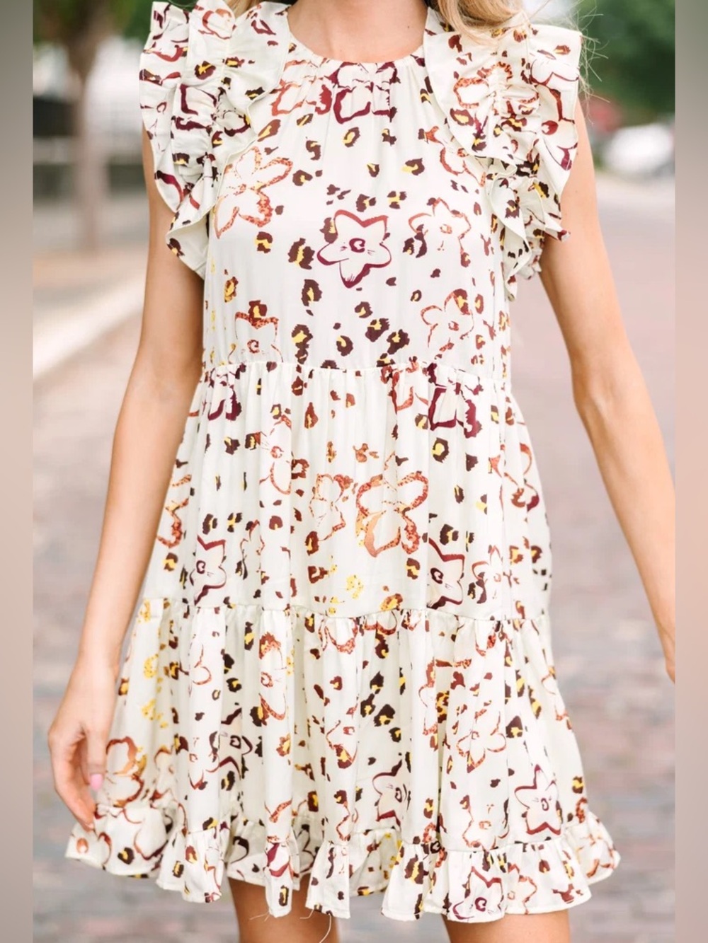 Cream Midi Dress with Burgundy & Mustard Floral Print